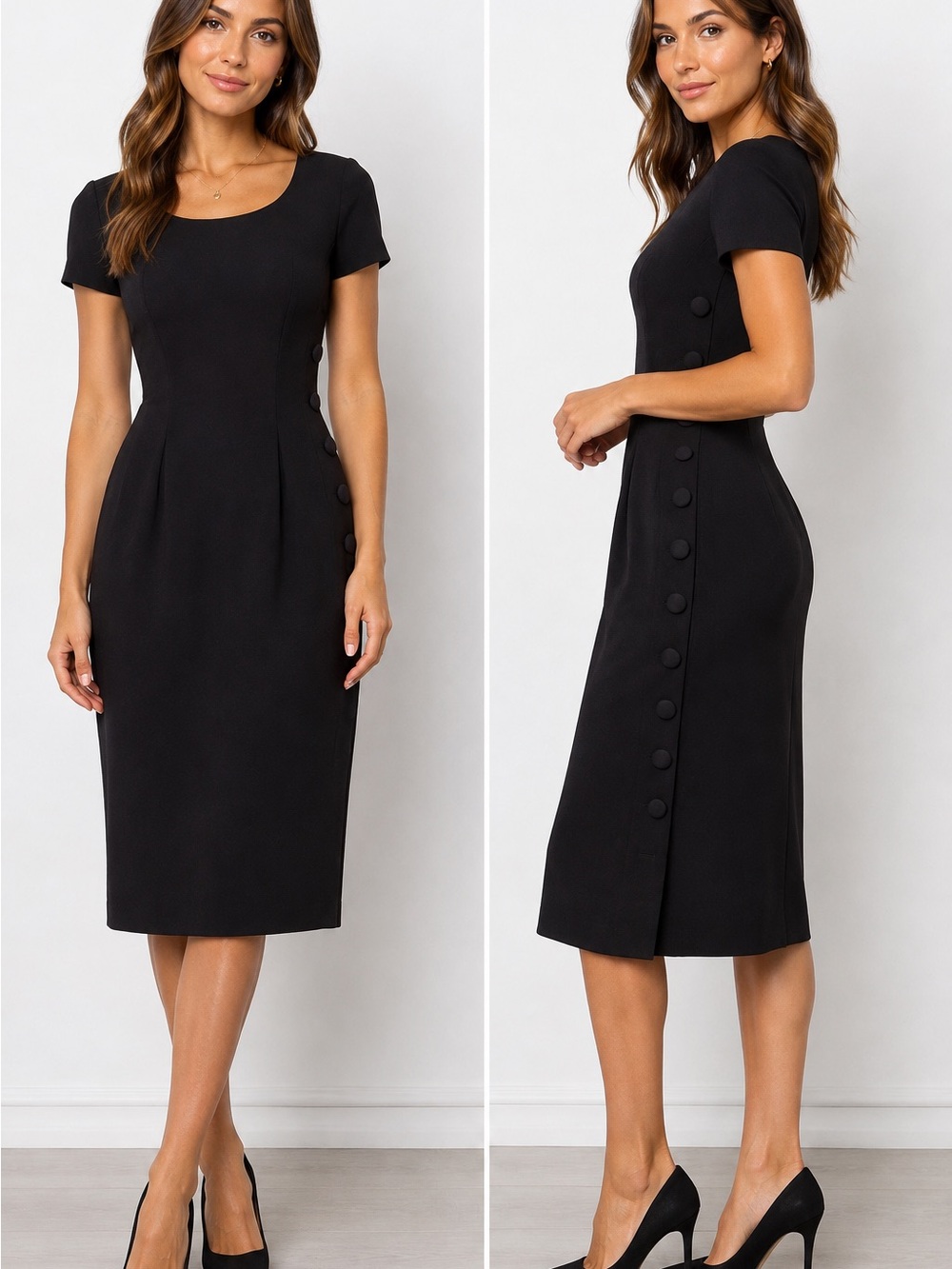 Vintage Maggy London Black Midi Dress Size 4 Made USA Button Detail